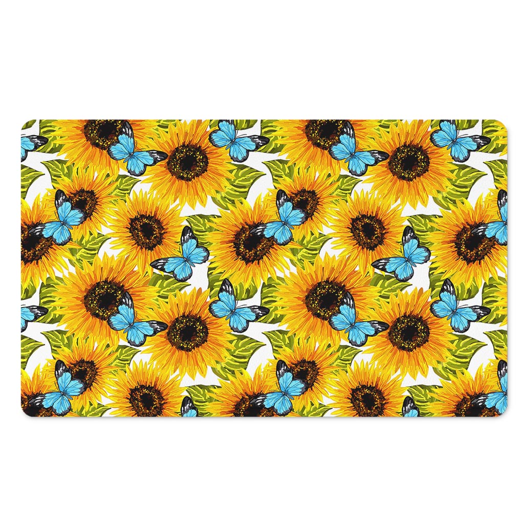 Blue Butterfly Sunflower Pattern Print Polyester Doormat