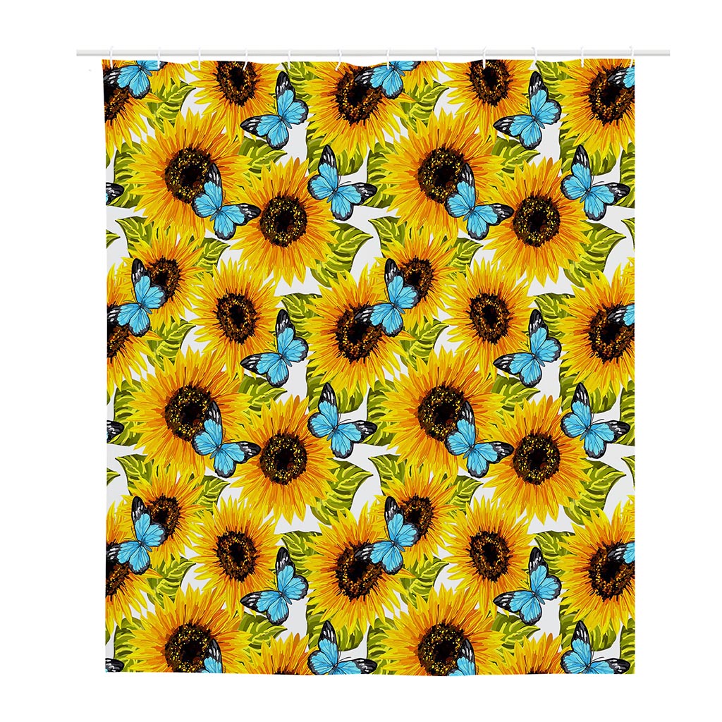 Blue Butterfly Sunflower Pattern Print Polyester Shower Curtain
