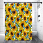 Blue Butterfly Sunflower Pattern Print Premium Shower Curtain