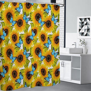 Blue Butterfly Sunflower Pattern Print Premium Shower Curtain
