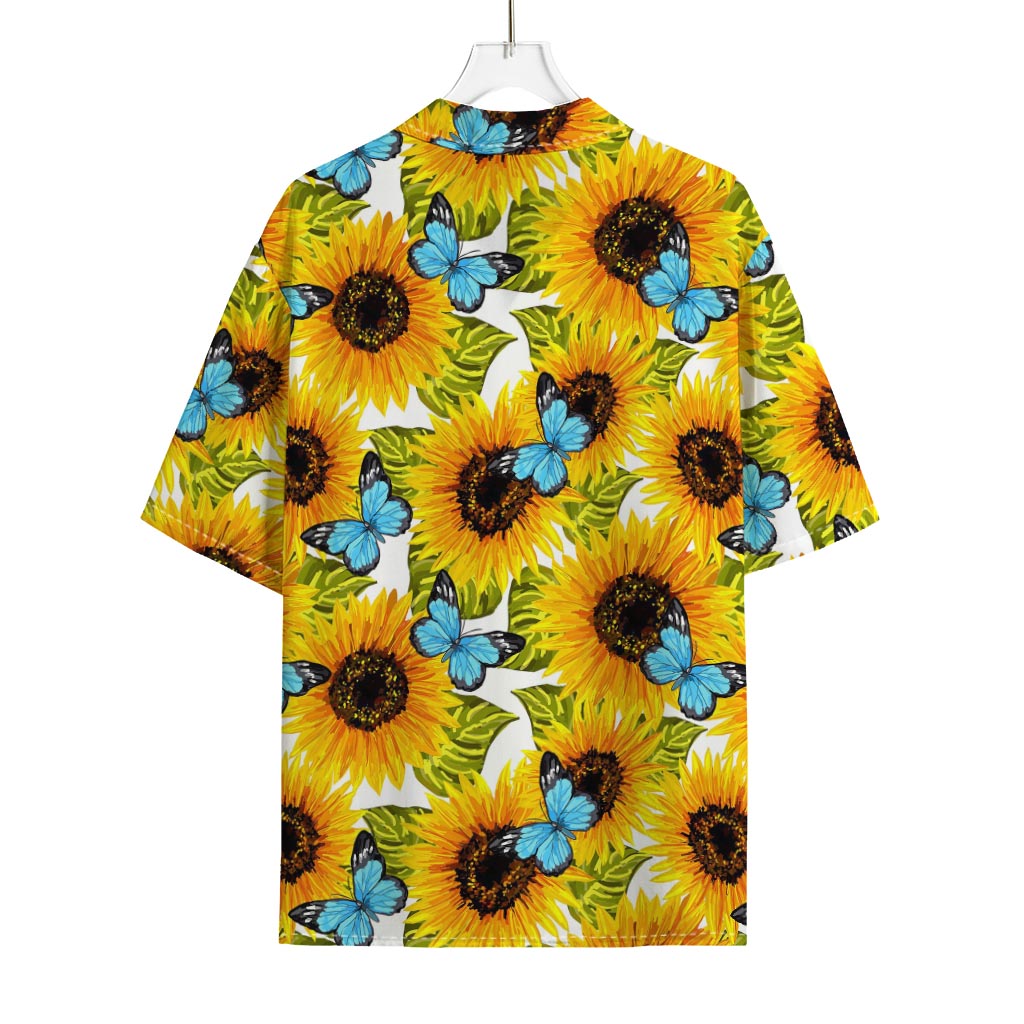 Blue Butterfly Sunflower Pattern Print Rayon Hawaiian Shirt