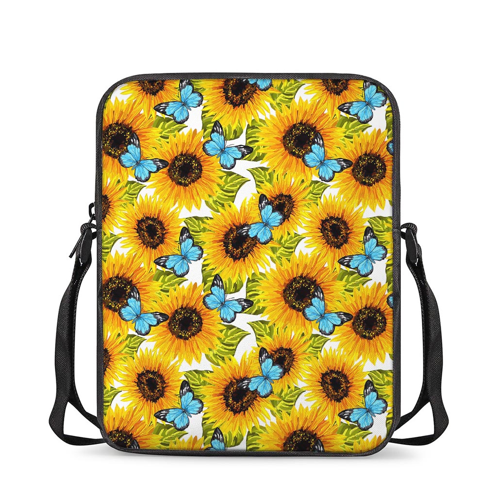 Blue Butterfly Sunflower Pattern Print Rectangular Crossbody Bag