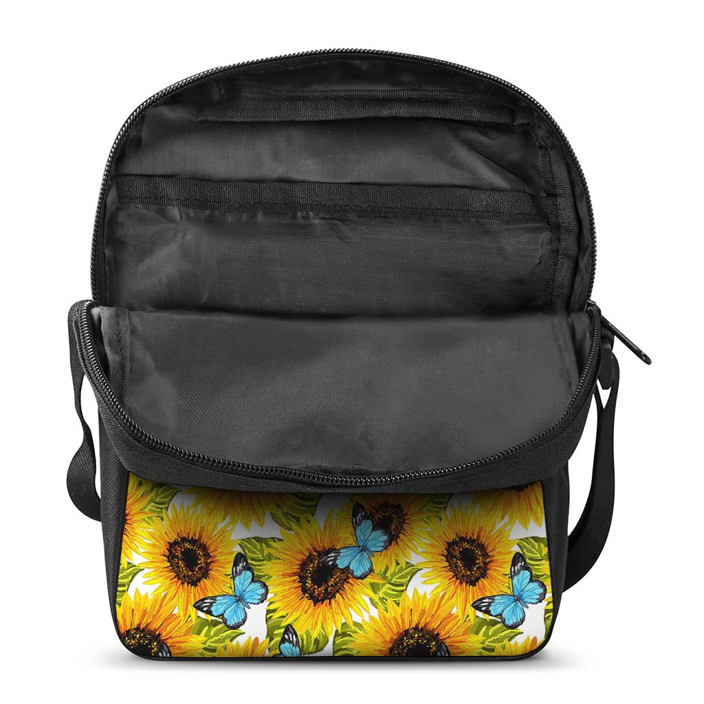 Blue Butterfly Sunflower Pattern Print Rectangular Crossbody Bag