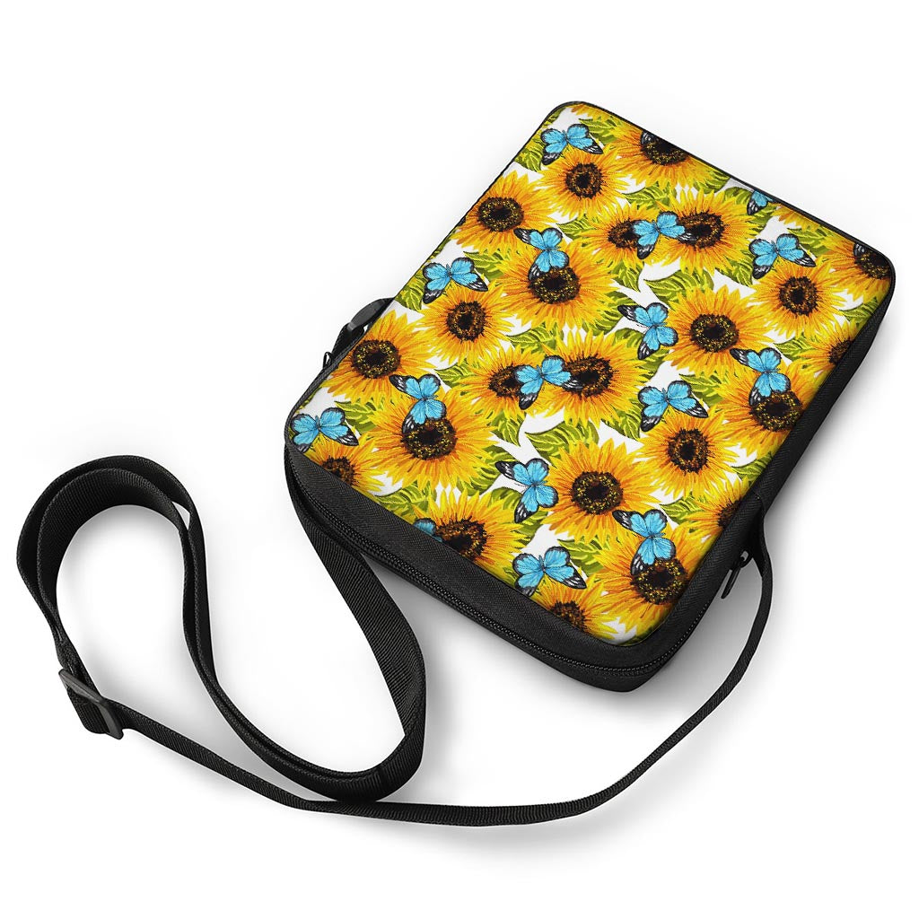 Blue Butterfly Sunflower Pattern Print Rectangular Crossbody Bag