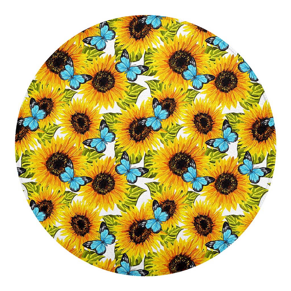 Blue Butterfly Sunflower Pattern Print Round Blanket
