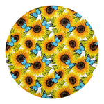 Blue Butterfly Sunflower Pattern Print Round Blanket