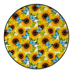 Blue Butterfly Sunflower Pattern Print Round Floor Mat