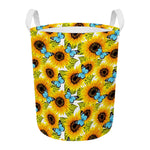 Blue Butterfly Sunflower Pattern Print Round Laundry Basket