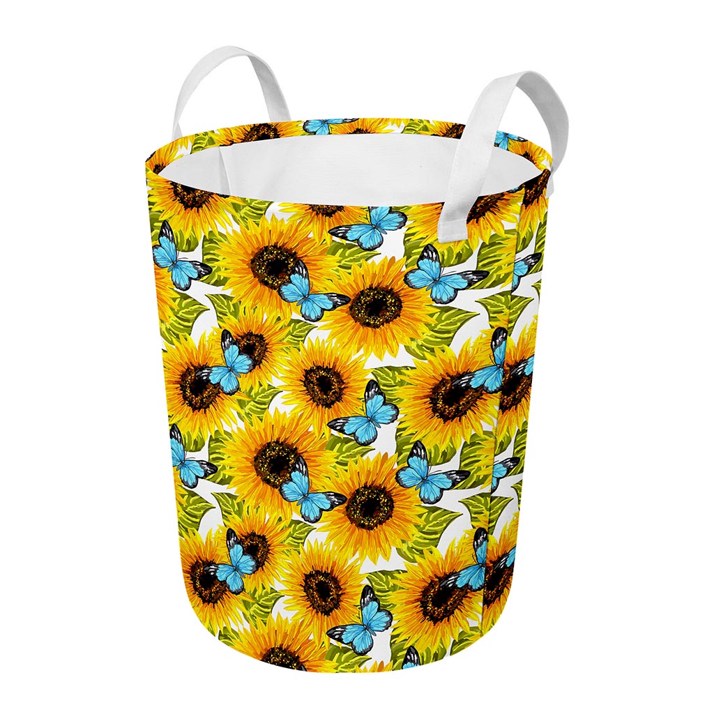 Blue Butterfly Sunflower Pattern Print Round Laundry Basket