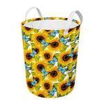 Blue Butterfly Sunflower Pattern Print Round Laundry Basket