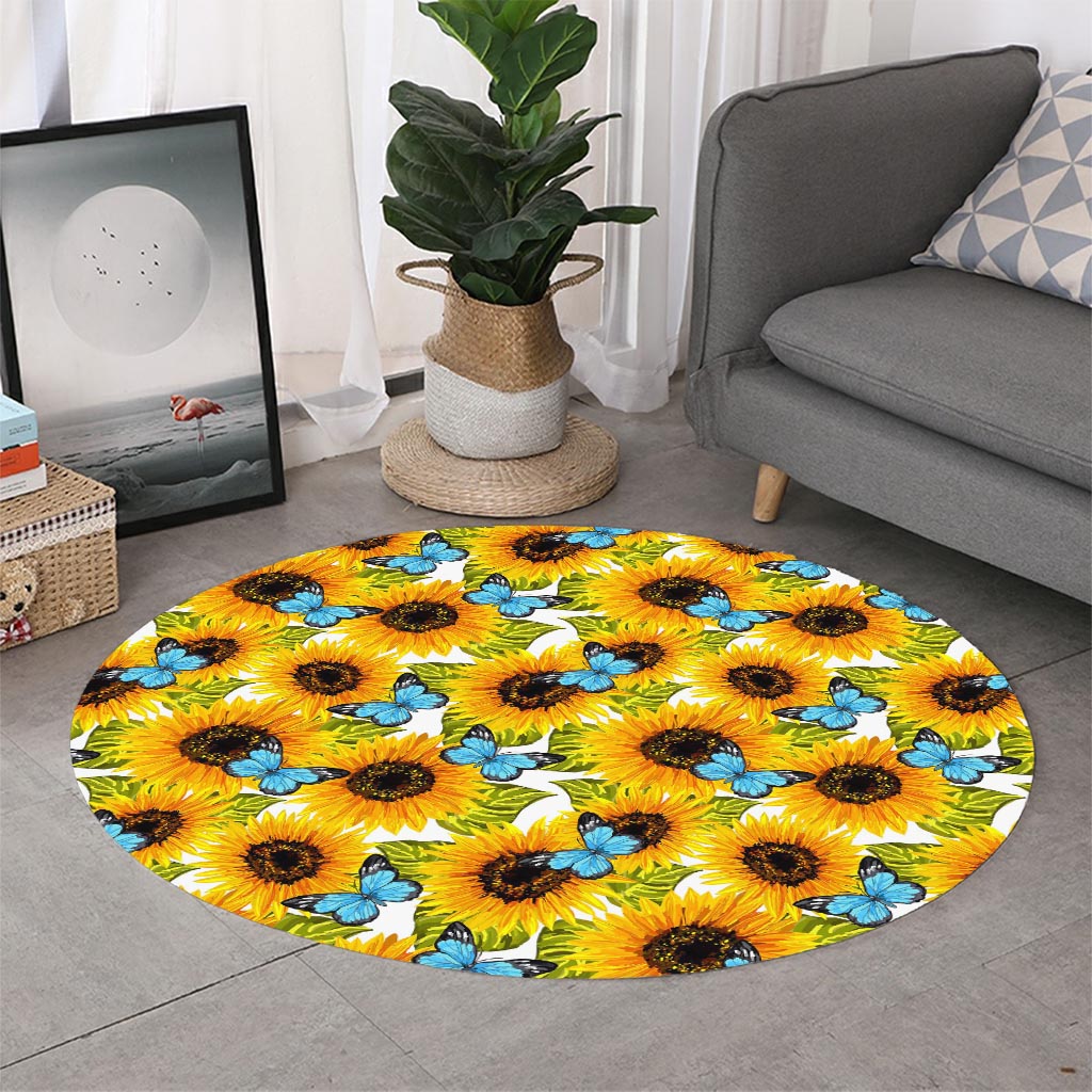 Blue Butterfly Sunflower Pattern Print Round Rug