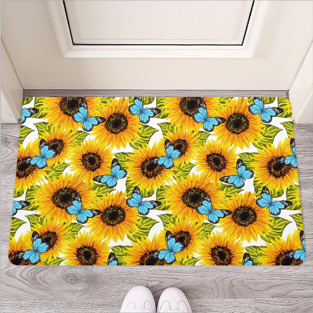 Blue Butterfly Sunflower Pattern Print Rubber Doormat