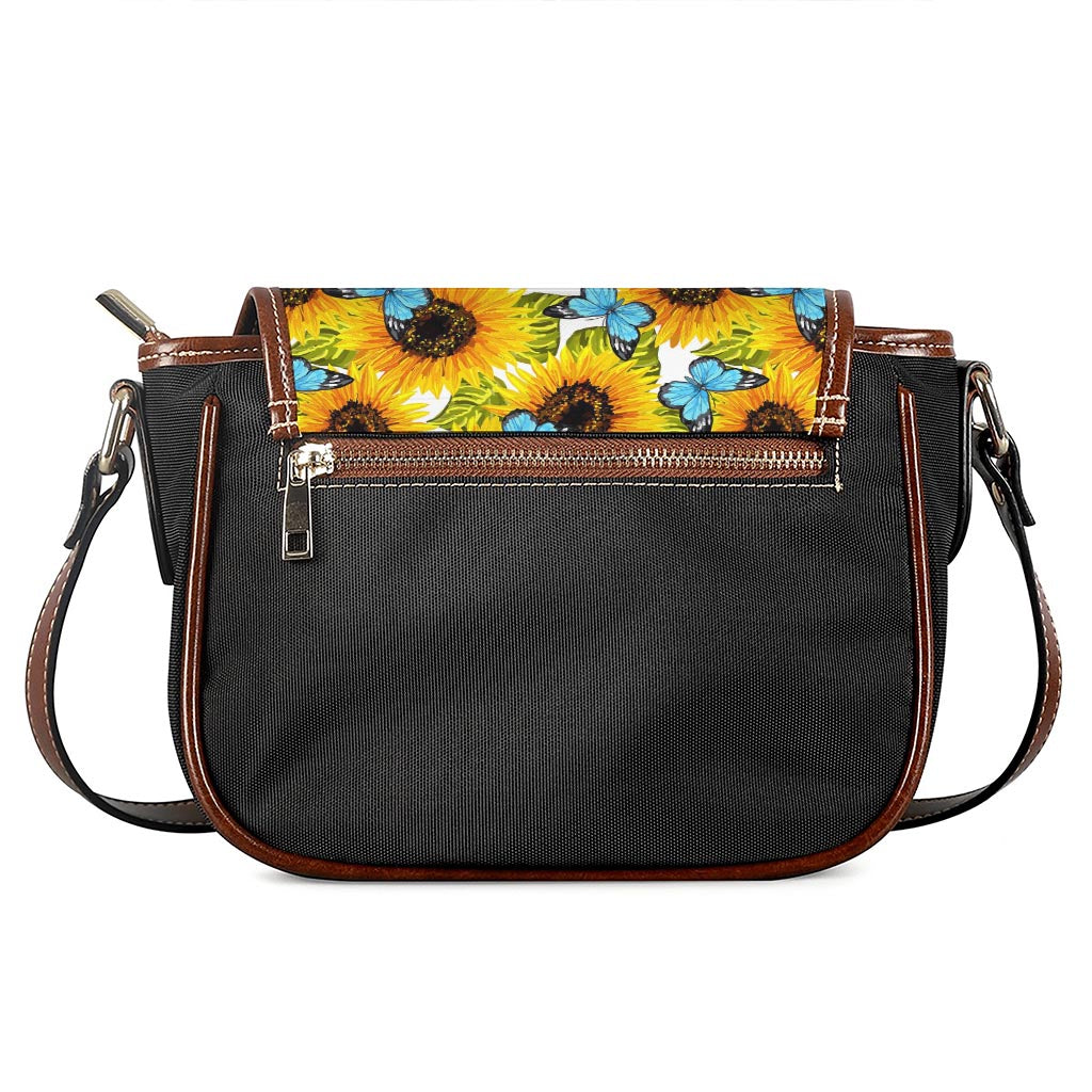 Blue Butterfly Sunflower Pattern Print Saddle Bag