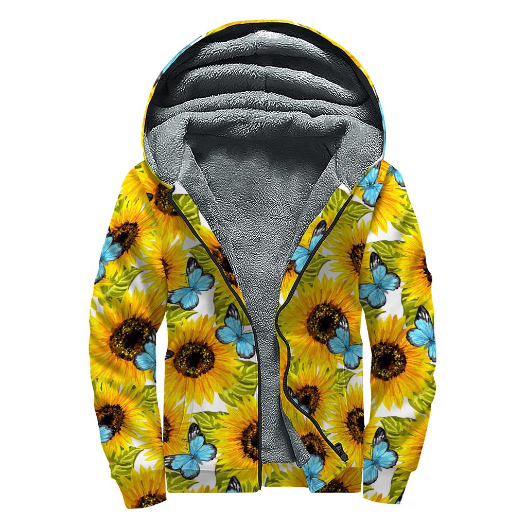 Blue Butterfly Sunflower Pattern Print Sherpa Lined Zip Up Hoodie