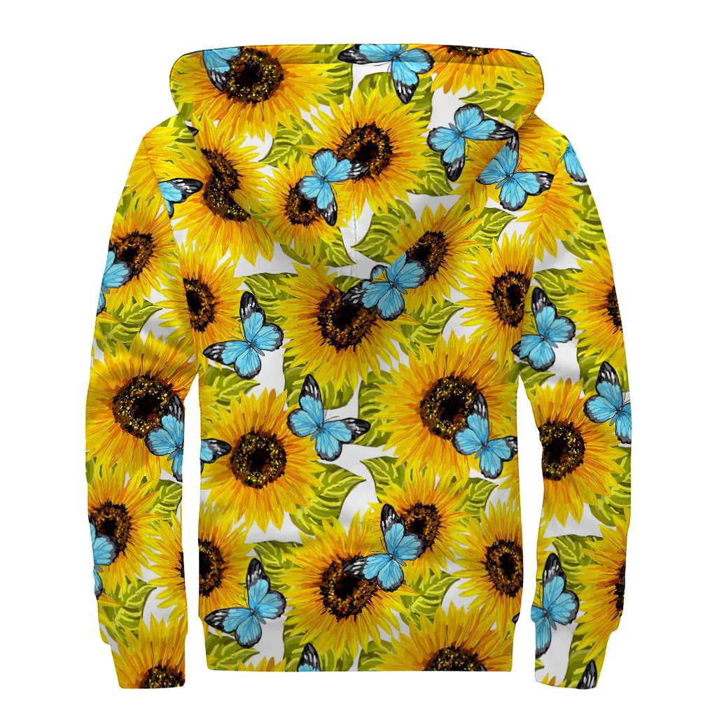 Blue Butterfly Sunflower Pattern Print Sherpa Lined Zip Up Hoodie