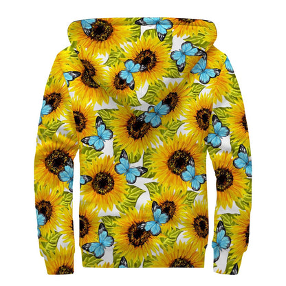 Blue Butterfly Sunflower Pattern Print Sherpa Lined Zip Up Hoodie