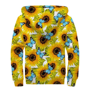 Blue Butterfly Sunflower Pattern Print Sherpa Lined Zip Up Hoodie