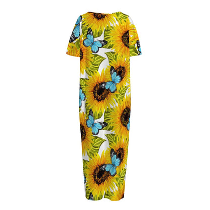Blue Butterfly Sunflower Pattern Print Short Sleeve Long Nightdress