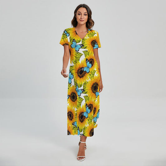 Blue Butterfly Sunflower Pattern Print Short Sleeve Maxi Dress
