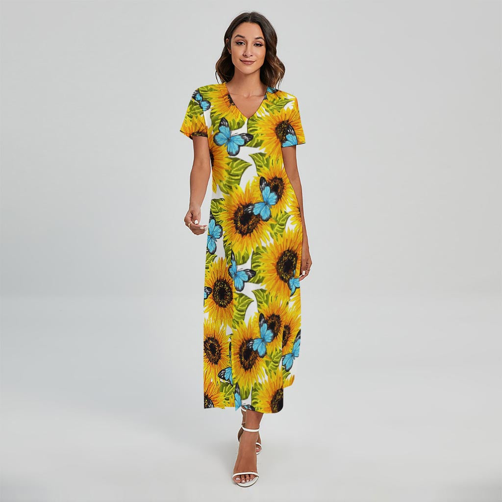 Blue Butterfly Sunflower Pattern Print Short Sleeve Maxi Dress