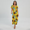 Blue Butterfly Sunflower Pattern Print Short Sleeve Maxi Dress