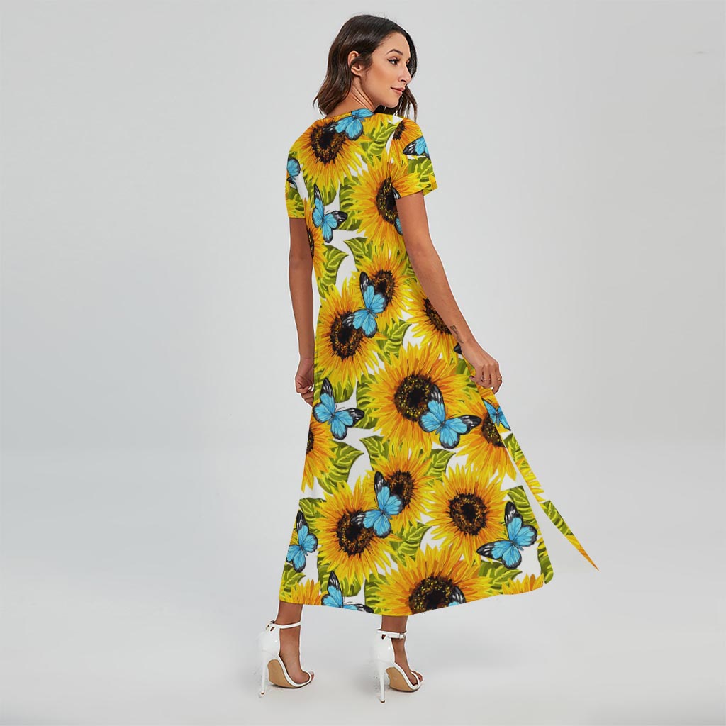 Blue Butterfly Sunflower Pattern Print Short Sleeve Maxi Dress