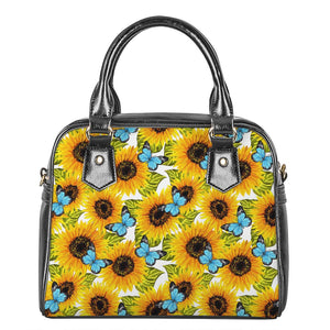 Blue Butterfly Sunflower Pattern Print Shoulder Handbag