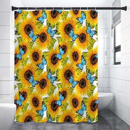 Blue Butterfly Sunflower Pattern Print Shower Curtain