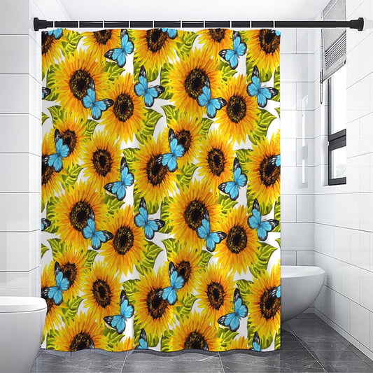 Blue Butterfly Sunflower Pattern Print Shower Curtain
