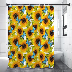 Blue Butterfly Sunflower Pattern Print Shower Curtain