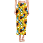 Blue Butterfly Sunflower Pattern Print Side Slit Maxi Skirt