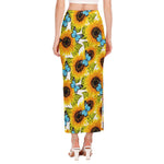Blue Butterfly Sunflower Pattern Print Side Slit Maxi Skirt