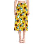 Blue Butterfly Sunflower Pattern Print Side Slit Midi Skirt