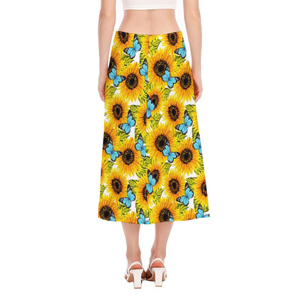 Blue Butterfly Sunflower Pattern Print Side Slit Midi Skirt