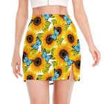 Blue Butterfly Sunflower Pattern Print Side Slit Mini Skirt
