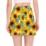 Blue Butterfly Sunflower Pattern Print Side Slit Mini Skirt