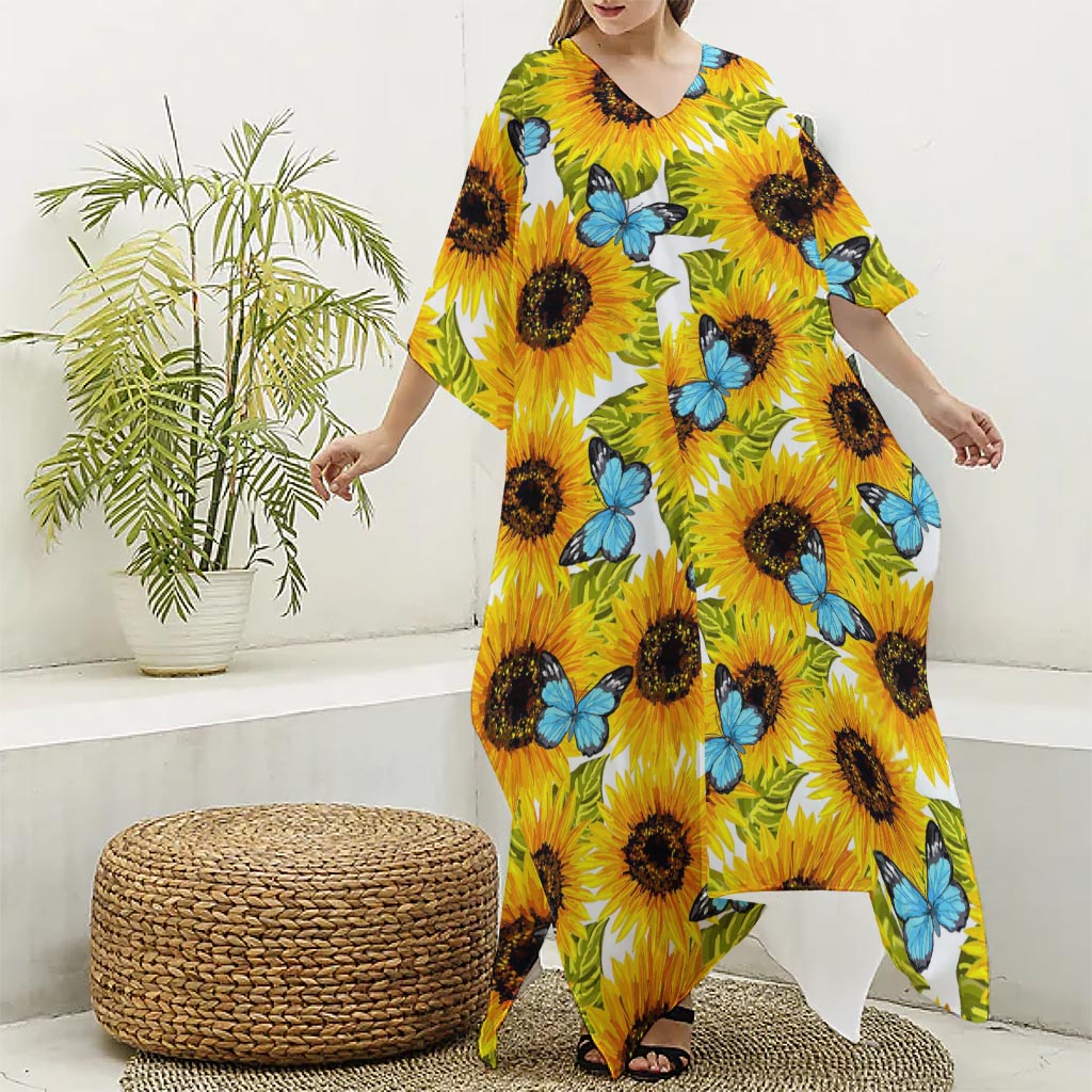 Blue Butterfly Sunflower Pattern Print Silk V-Neck Kaftan Dress