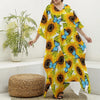 Blue Butterfly Sunflower Pattern Print Silk V-Neck Kaftan Dress