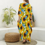 Blue Butterfly Sunflower Pattern Print Silk V-Neck Kaftan Dress