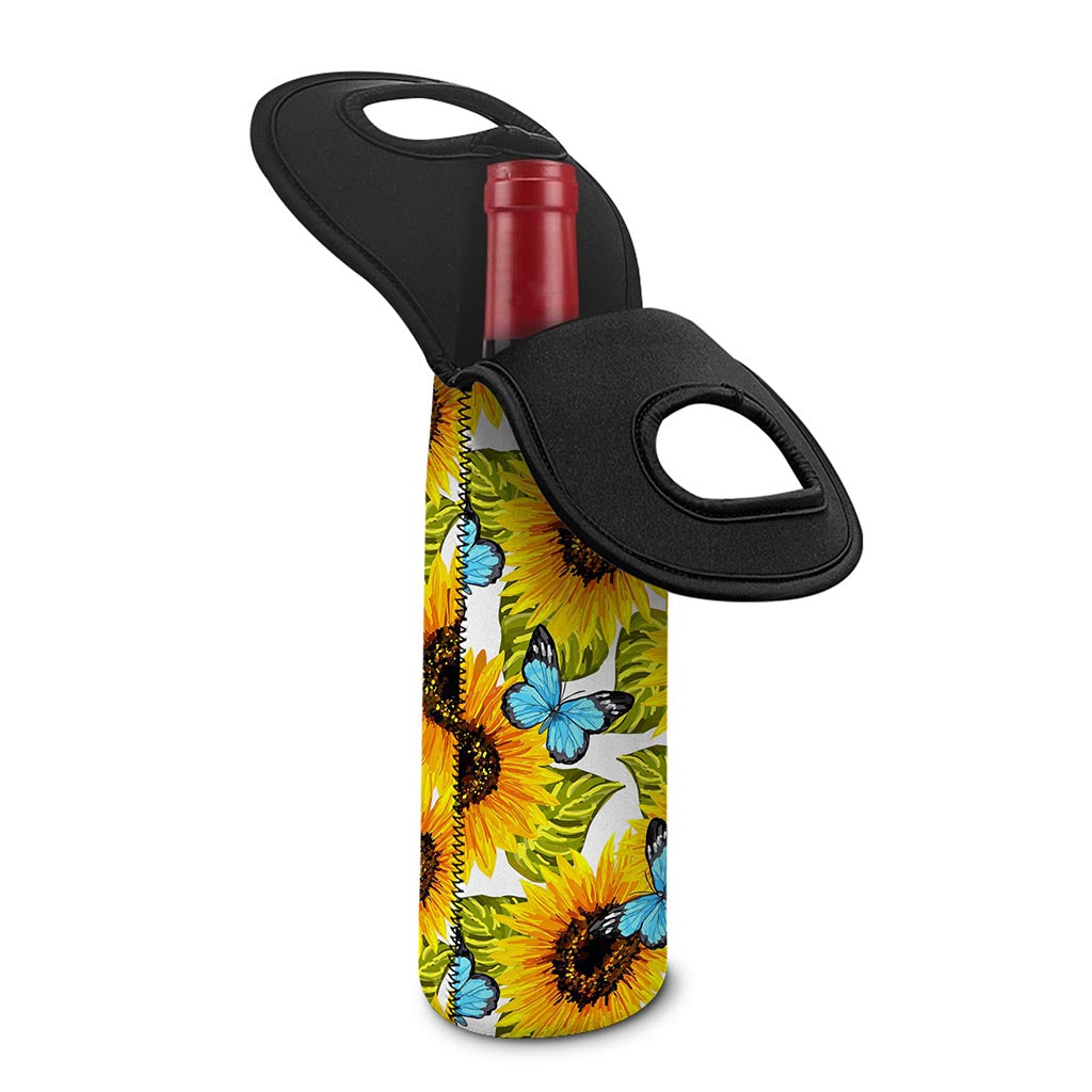 Blue Butterfly Sunflower Pattern Print Single Neoprene Wine Tote