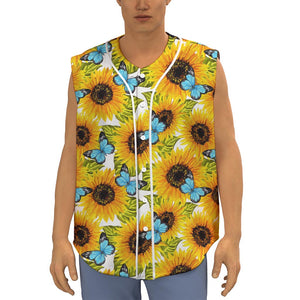 Blue Butterfly Sunflower Pattern Print Sleeveless Baseball Jersey