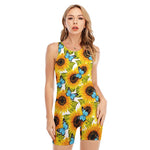 Blue Butterfly Sunflower Pattern Print Sleeveless One Piece Swimsuit