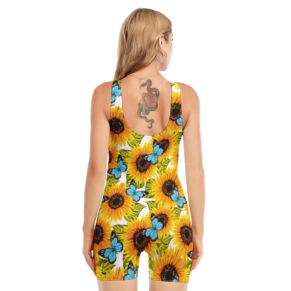 Blue Butterfly Sunflower Pattern Print Sleeveless One Piece Swimsuit