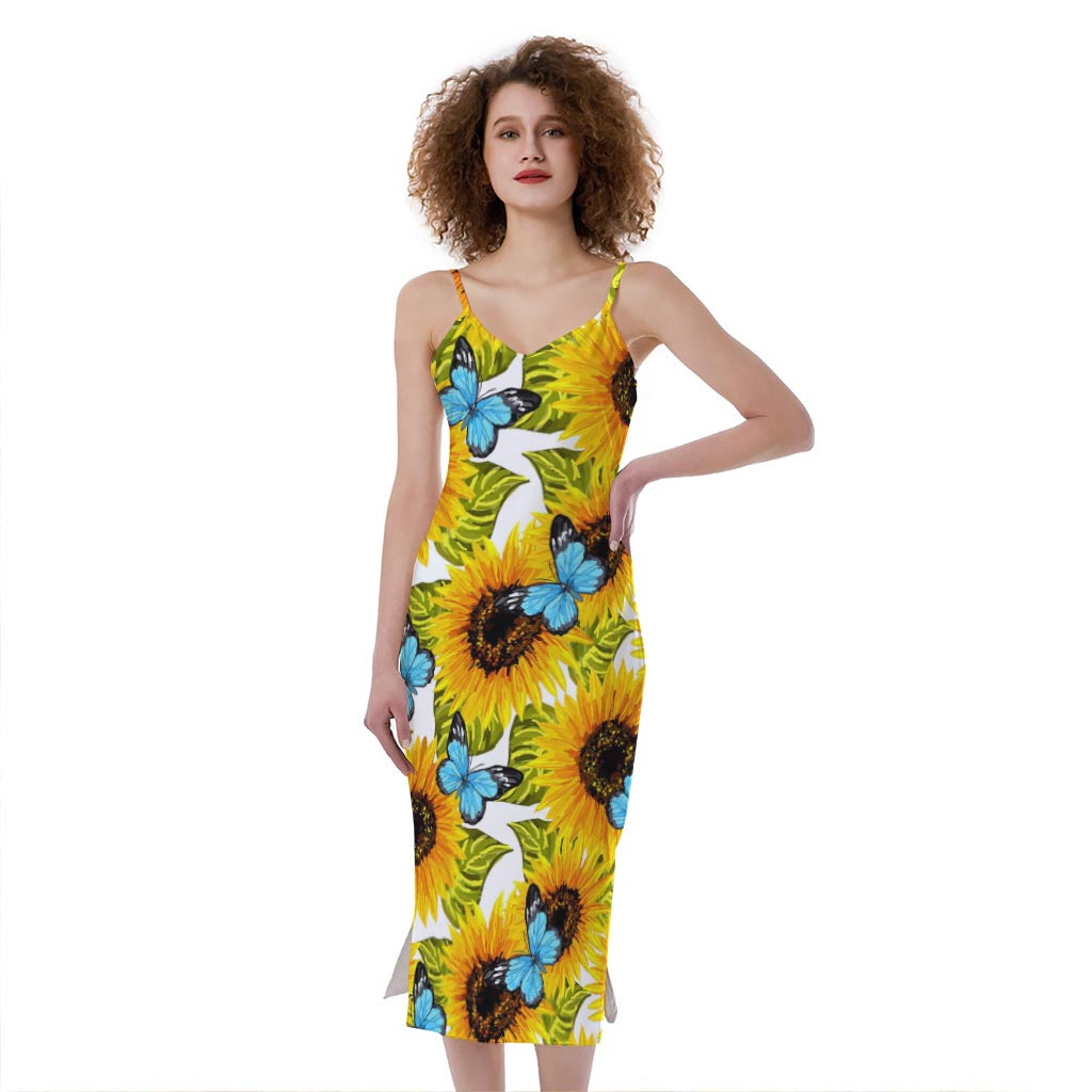 Blue Butterfly Sunflower Pattern Print Slim Fit Midi Cami Dress