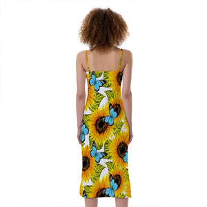 Blue Butterfly Sunflower Pattern Print Slim Fit Midi Cami Dress