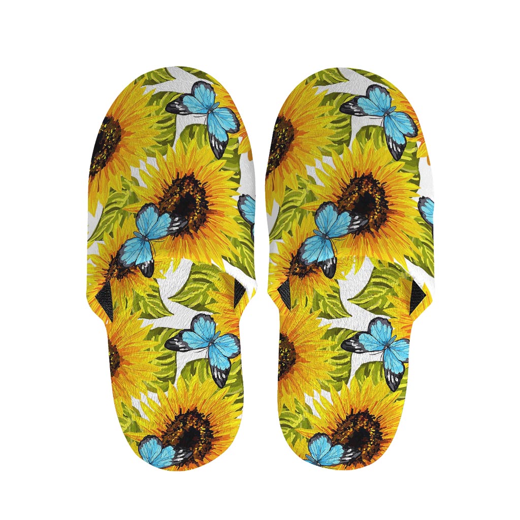 Blue Butterfly Sunflower Pattern Print Slippers
