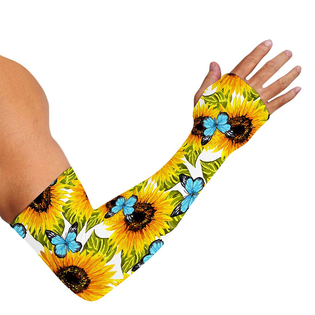 Blue Butterfly Sunflower Pattern Print Sun Protection Arm Sleeves