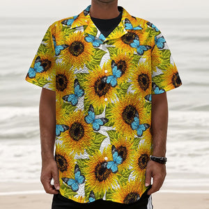 Blue Butterfly Sunflower Pattern Print Textured Short Sleeve Shirt