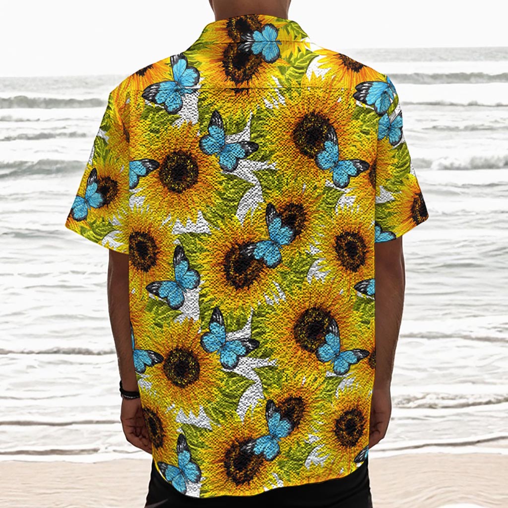 Blue Butterfly Sunflower Pattern Print Textured Short Sleeve Shirt