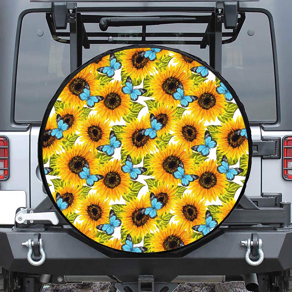 Blue Butterfly Sunflower Pattern Print Tire Cover